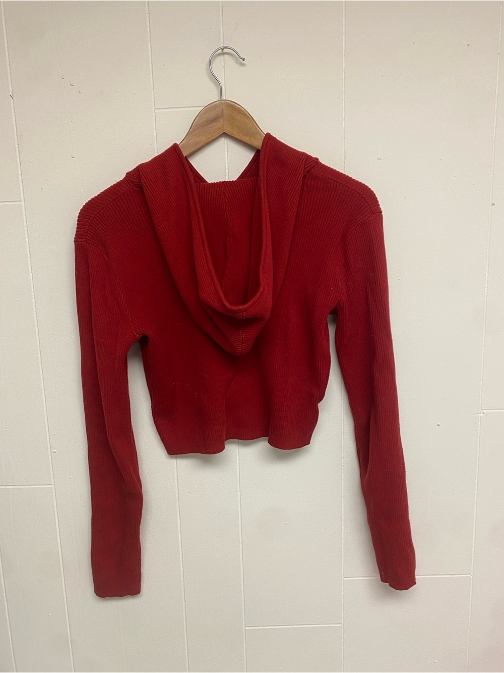 Red Ribbed Zip-Up Hooded Sweater - Picture 4 of 5